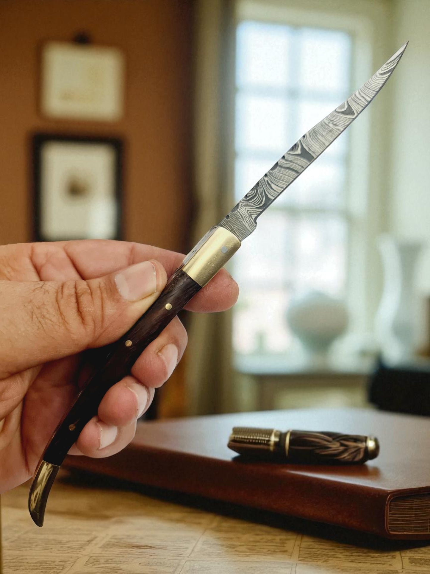 B151 Handmade ultra-slim Folding Knife - Damascus Steel & Walnut Wood