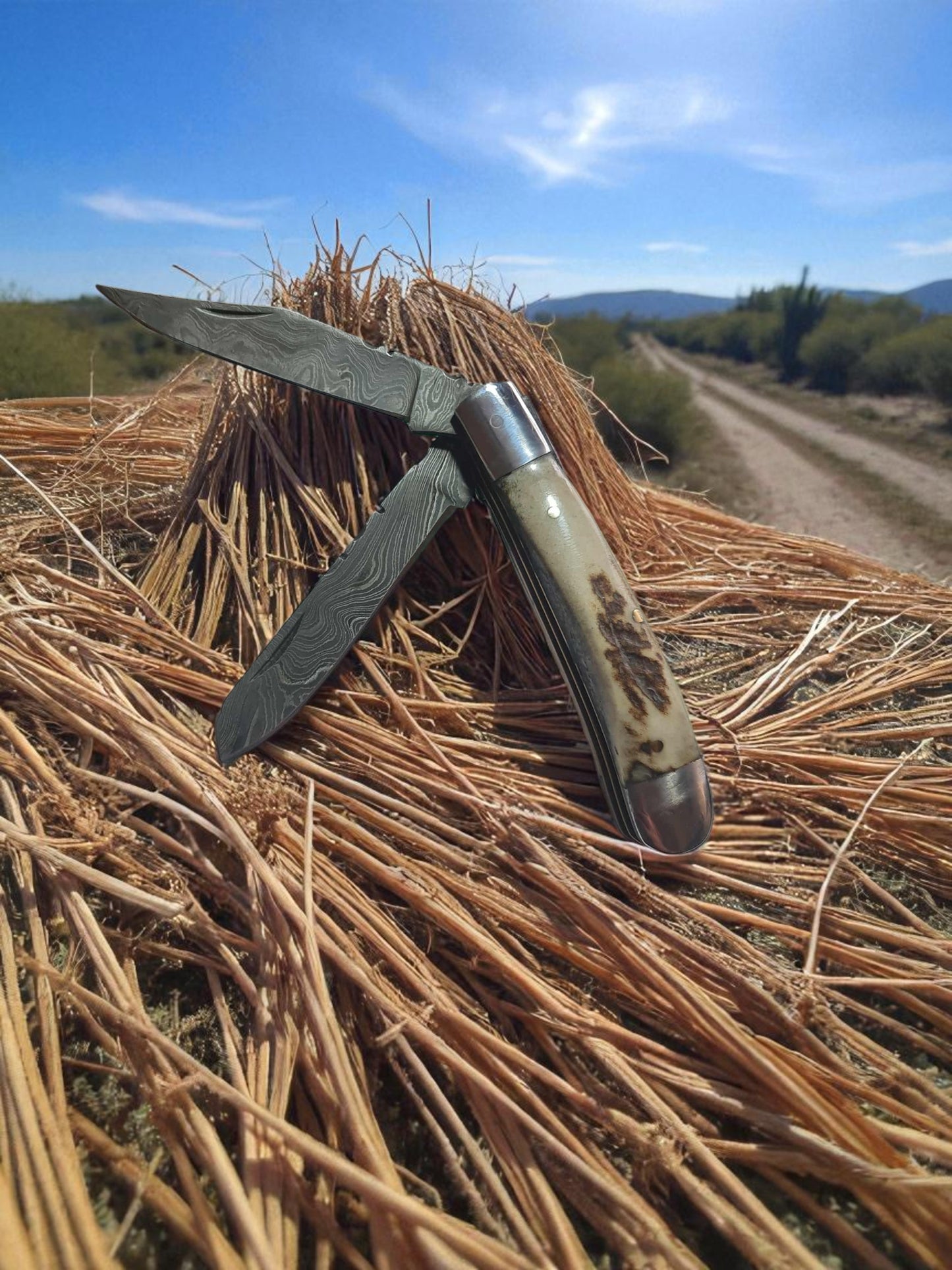 B152 Handmade Pocket knife – Double Damascus Blades & Red Deer antler