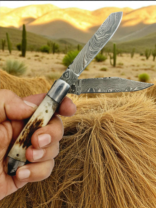 B152 Handmade Pocket knife – Double Damascus Blades & Red Deer antler