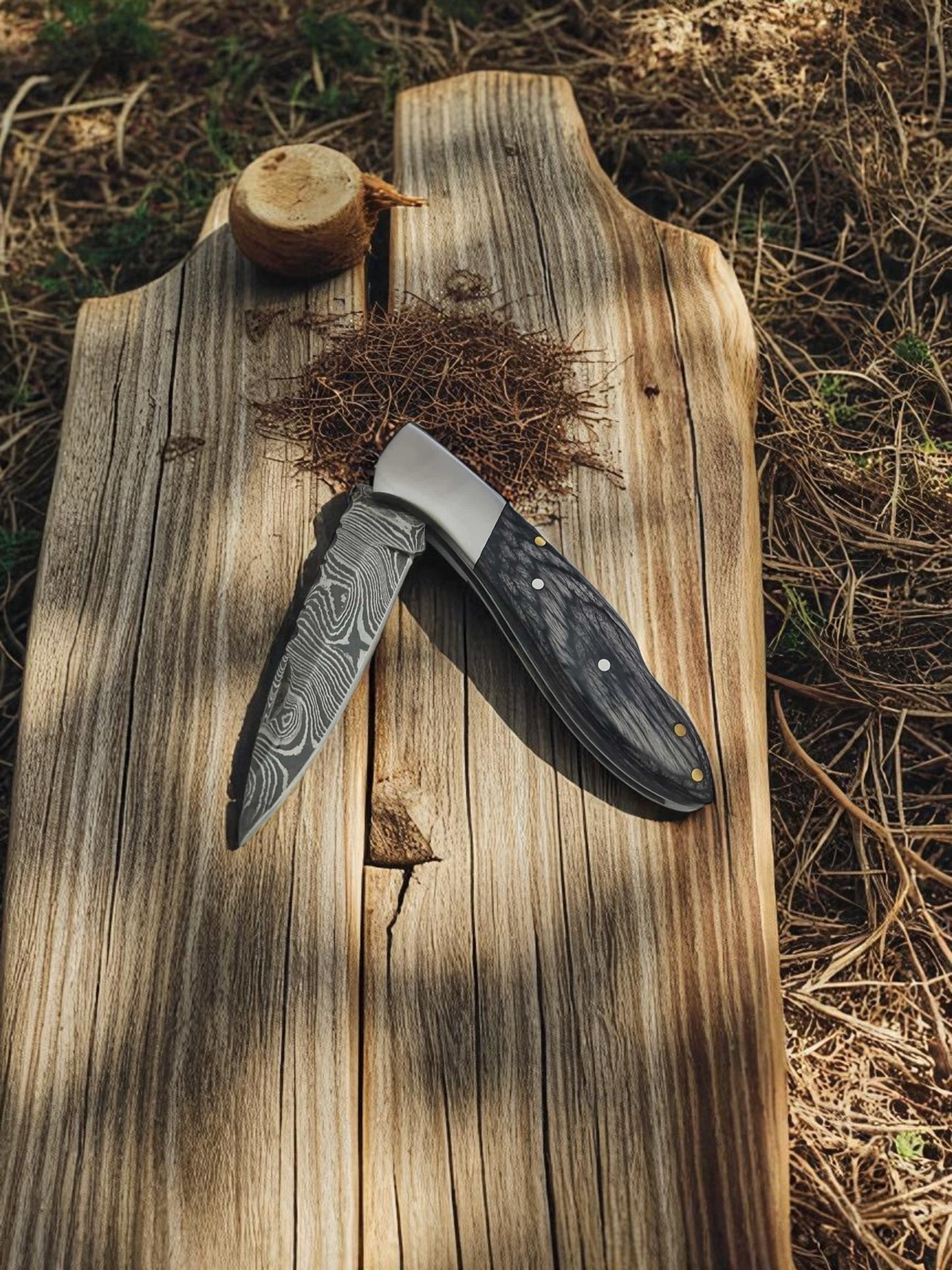 B155 Handmade Pocket Knife – Damascus Steel & Stabilized Wood with Resin