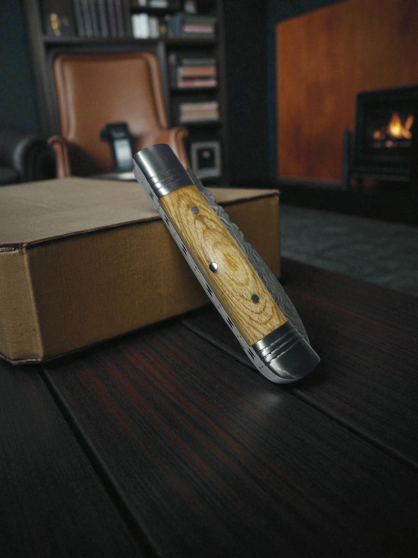 B164 Handmade Pen Pocket Knife - Damascus Steel & Stabilized Resin Wood