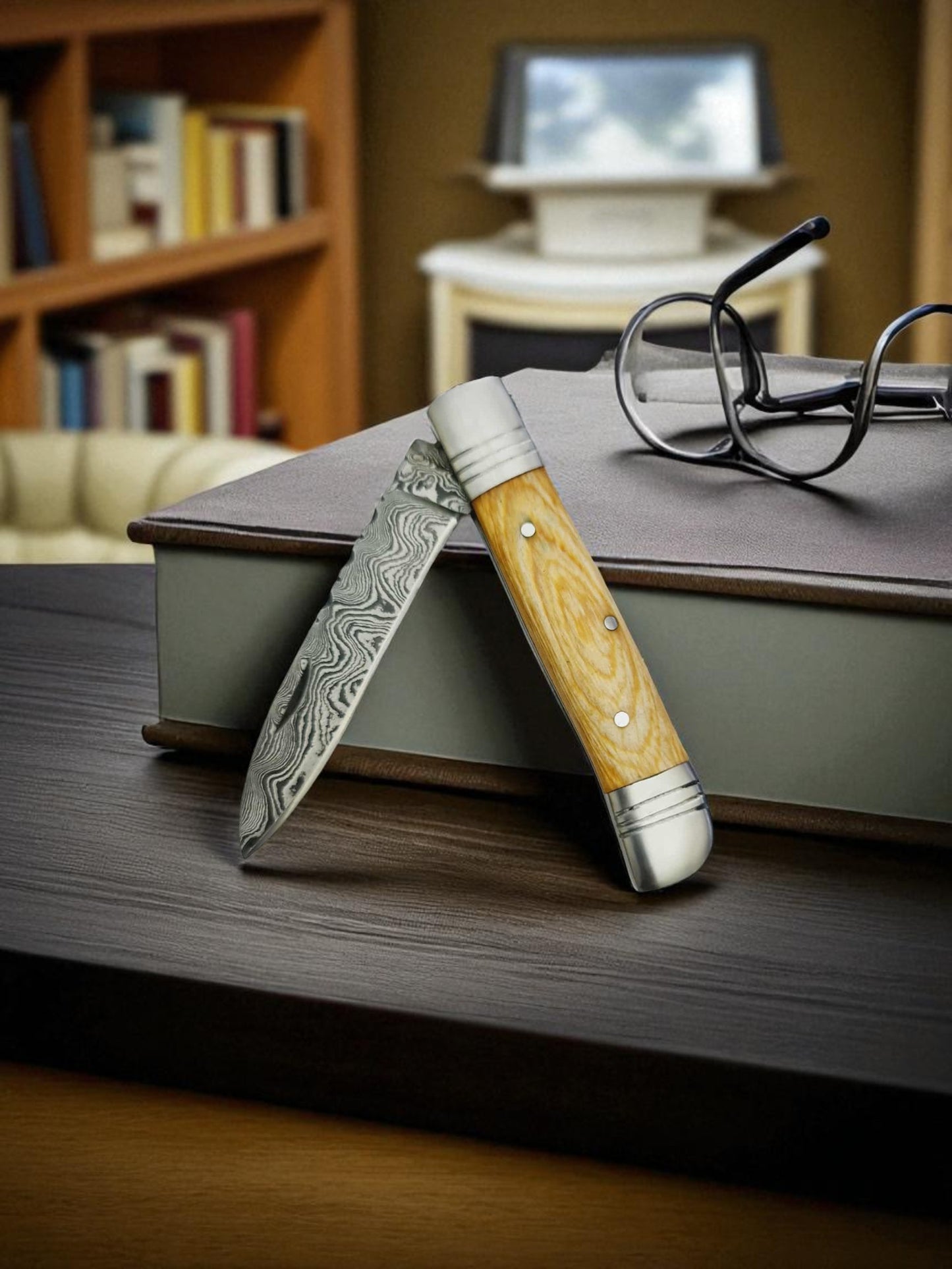 B164 Handmade Pen Pocket Knife - Damascus Steel & Stabilized Resin Wood