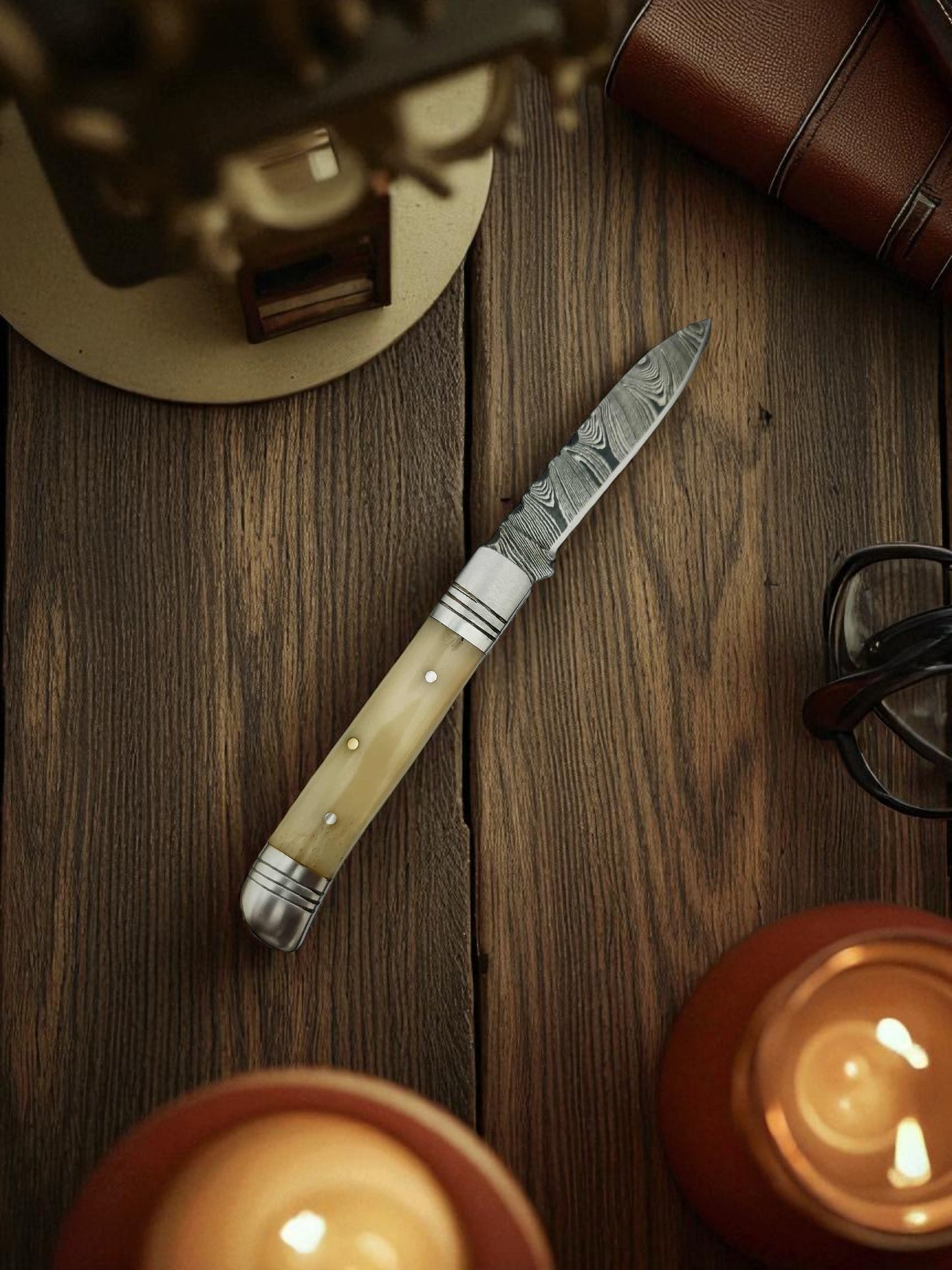 B165 Handmade Pen Pocket Knife - Damascus Steel & Camel Bone