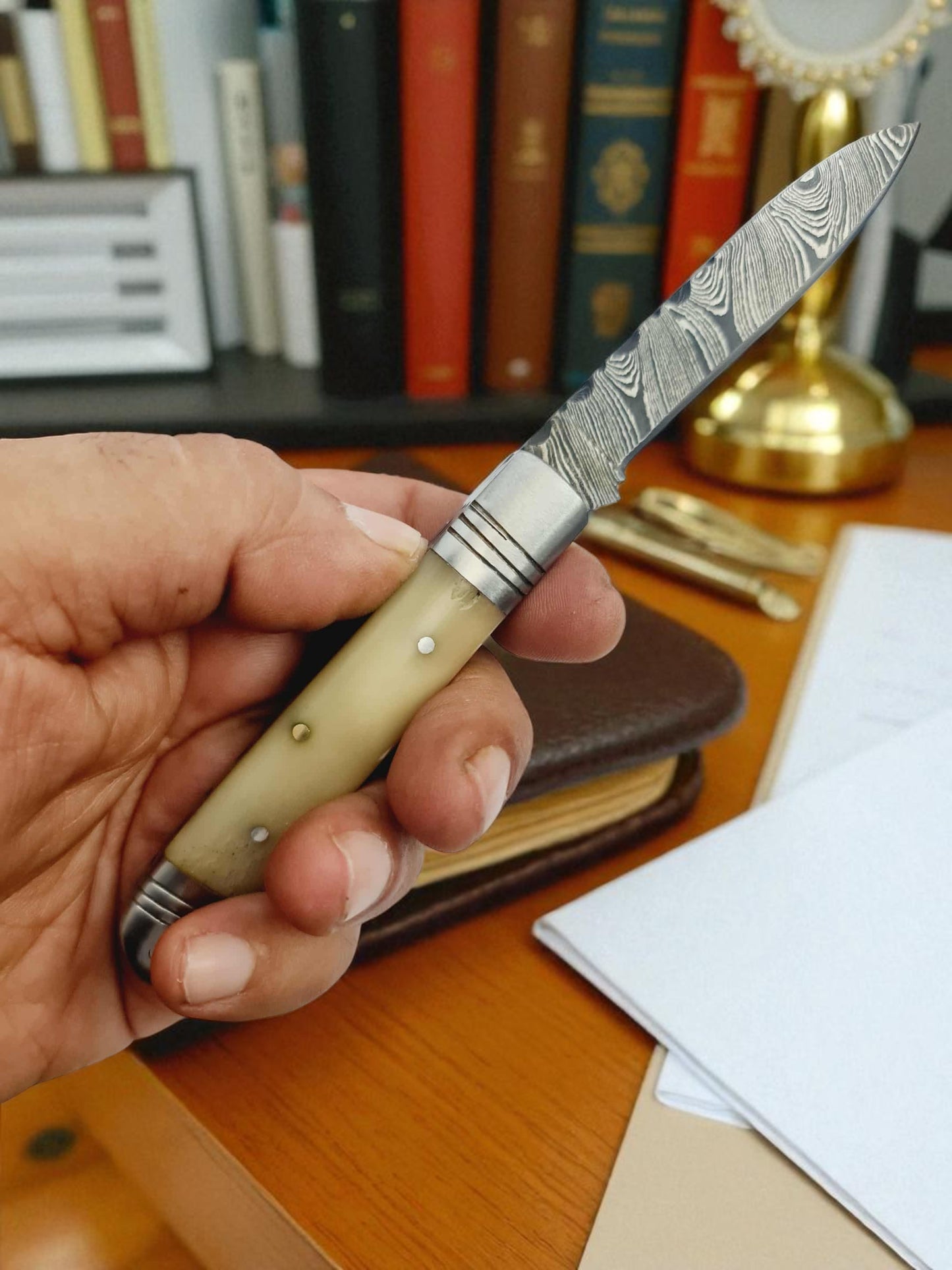 B165 Handmade Pen Pocket Knife - Damascus Steel & Camel Bone