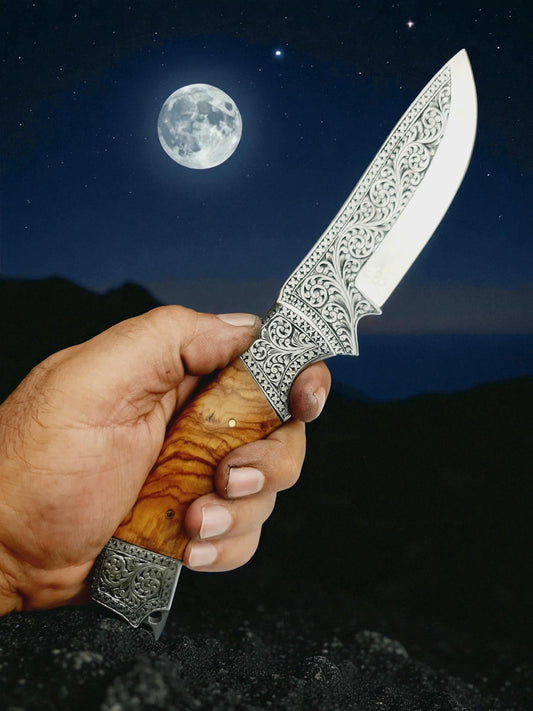 H127 Handmade Exclusive Knife - Hand-Engraved Stainless Steel & Olive wood