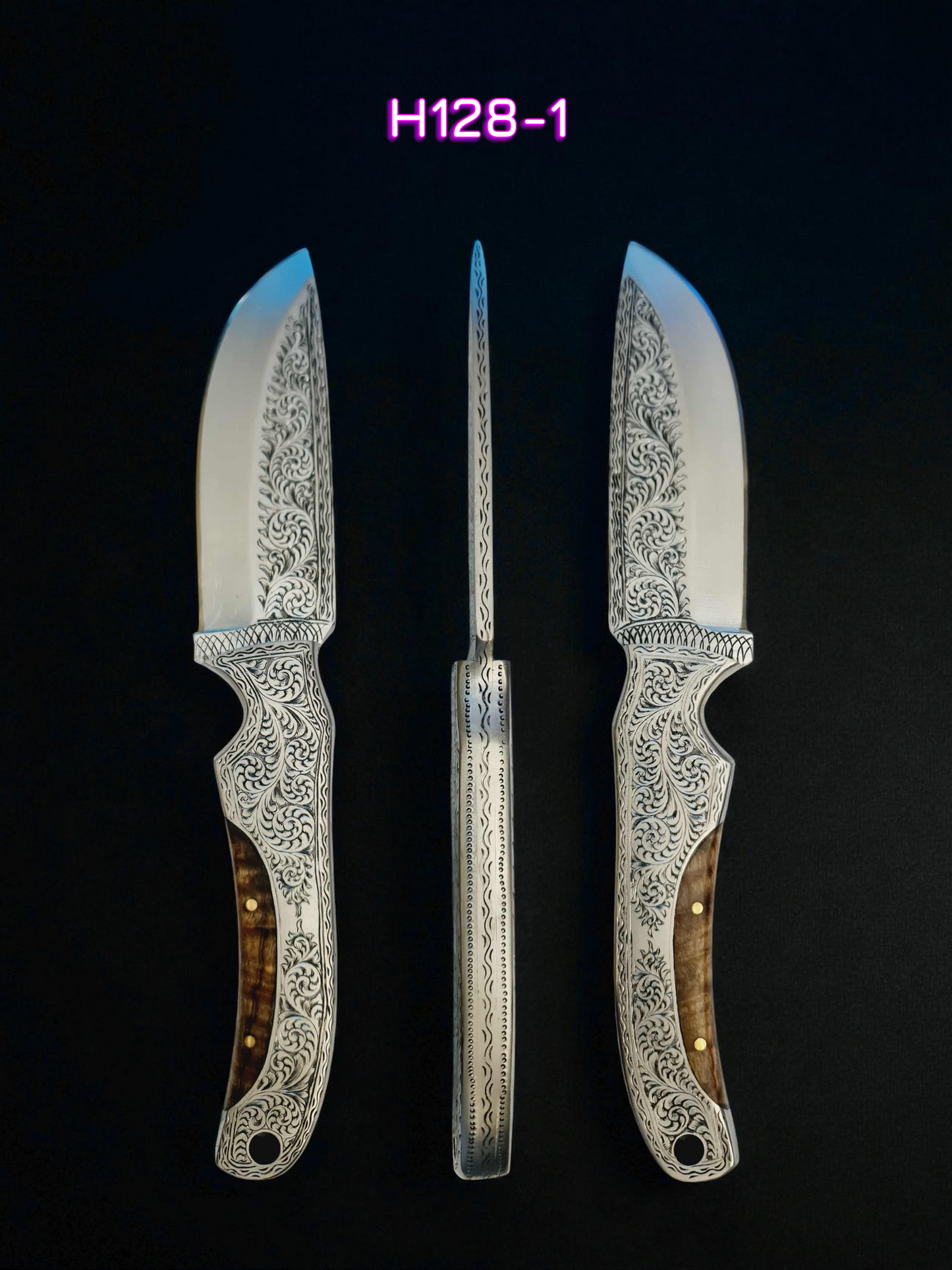 H128 Handmade Exclusive Knife - Hand-Engraved Stainless Steel & Exotic Hardwood