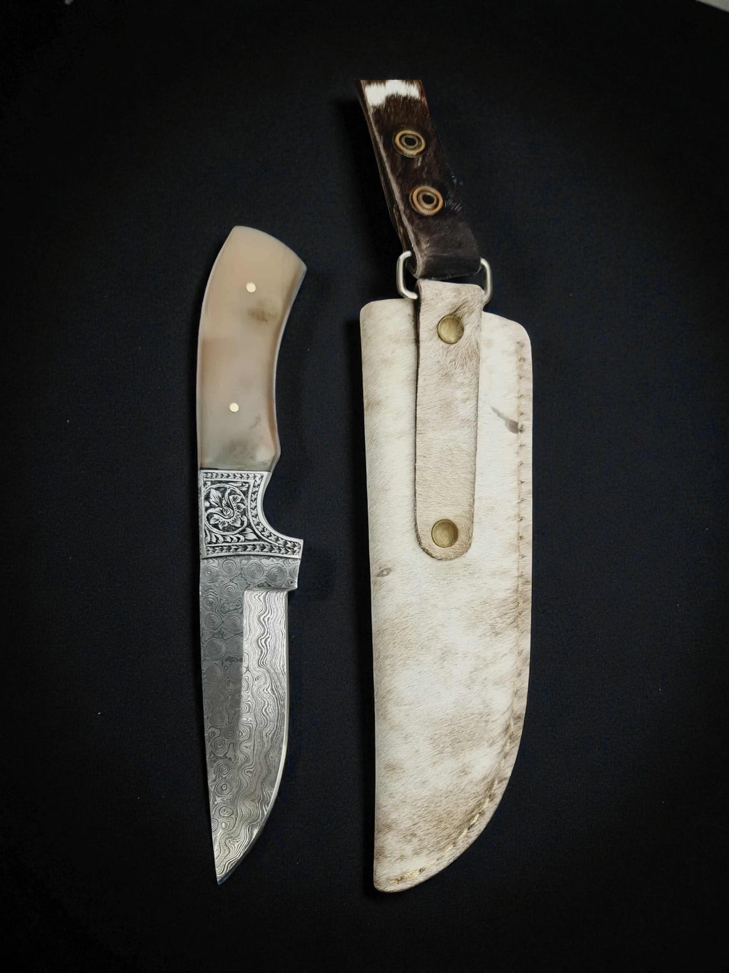 H129 Handmade Premium Knife - Raindrop Damascus Steel & Polished Ram Horn