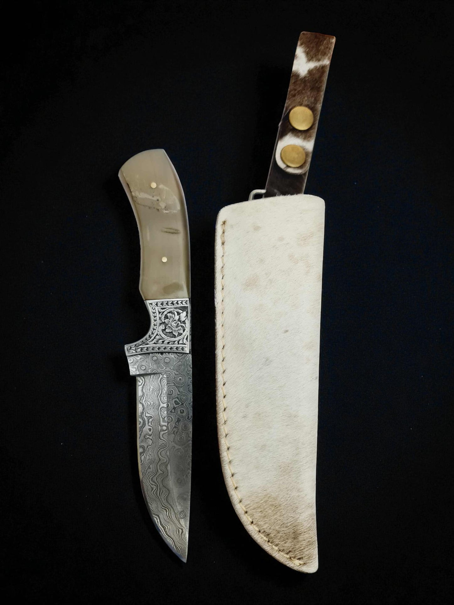 H129 Handmade Premium Knife - Raindrop Damascus Steel & Polished Ram Horn