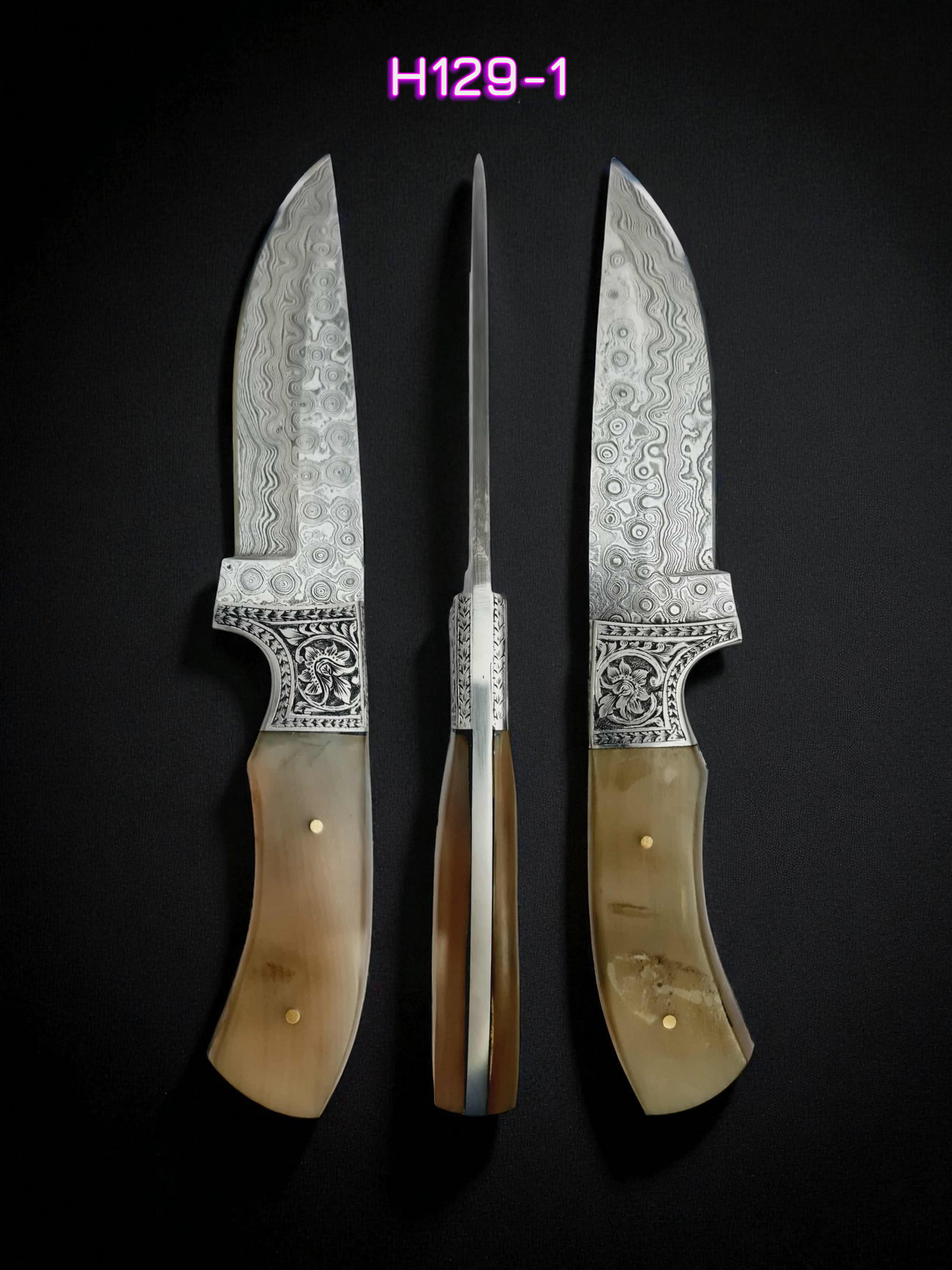 H129 Handmade Premium Knife - Raindrop Damascus Steel & Polished Ram Horn