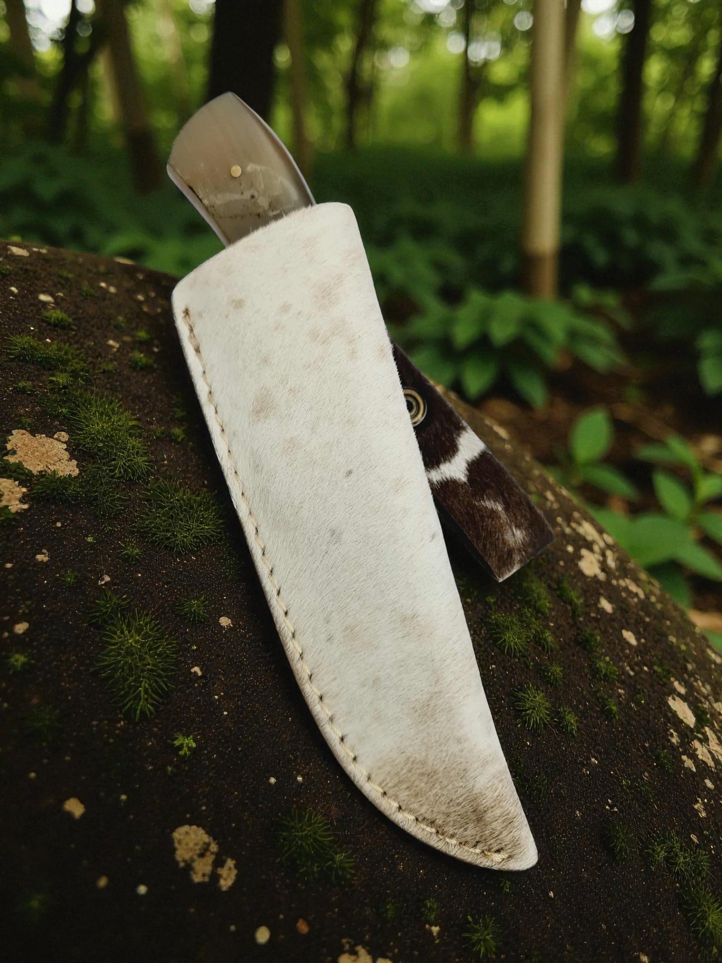 H129 Handmade Premium Knife - Raindrop Damascus Steel & Polished Ram Horn