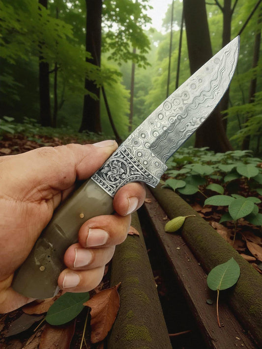 H129 Handmade Premium Knife - Raindrop Damascus Steel & Polished Ram Horn