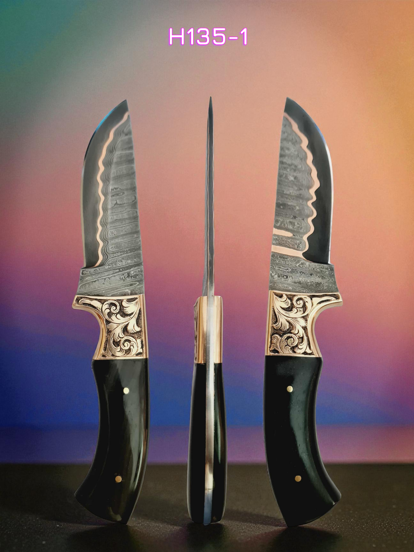 H135 Handmade Premium Knife - Damascus with Copper & Buffalo Horn