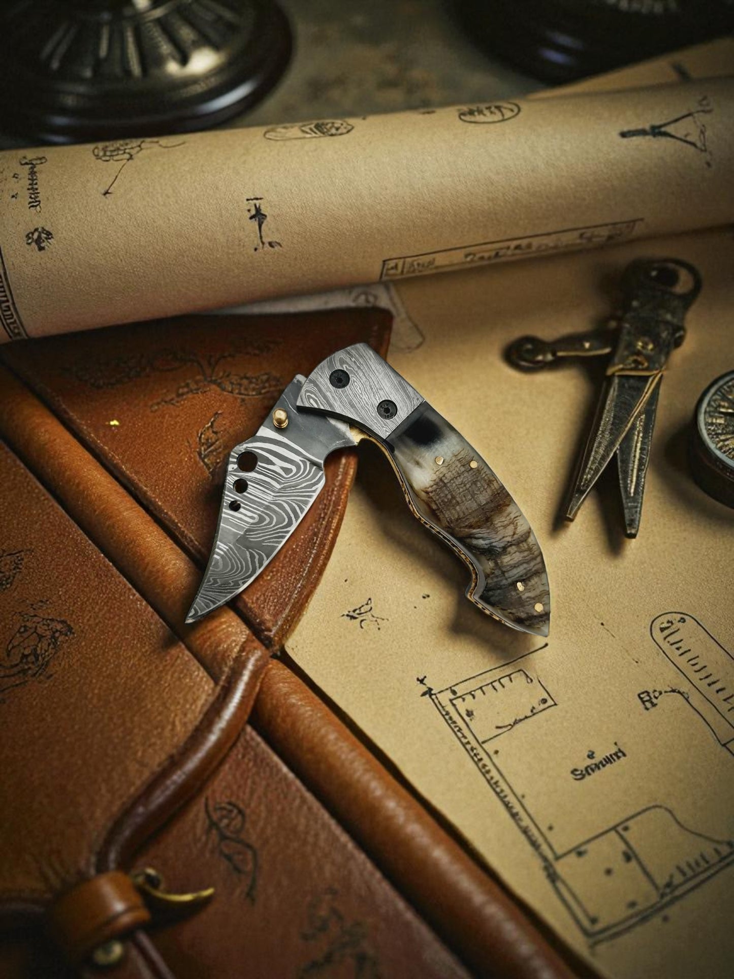 S100 Handmade Stalwart EDC - Damascus Steel & Wild Mouflon Horn