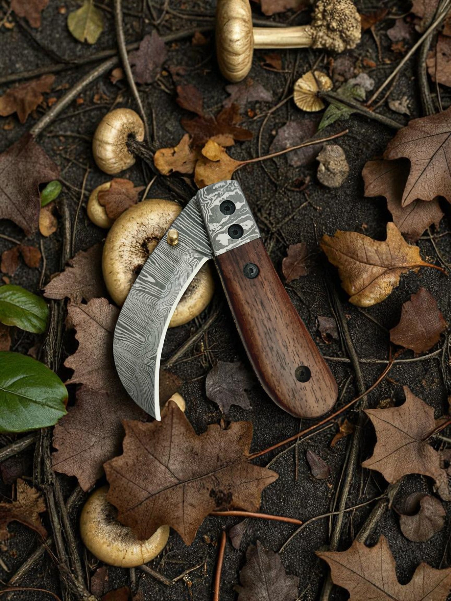 S106 Handmade Hawkbill EDC - Damascus Steel & Walnut Wood