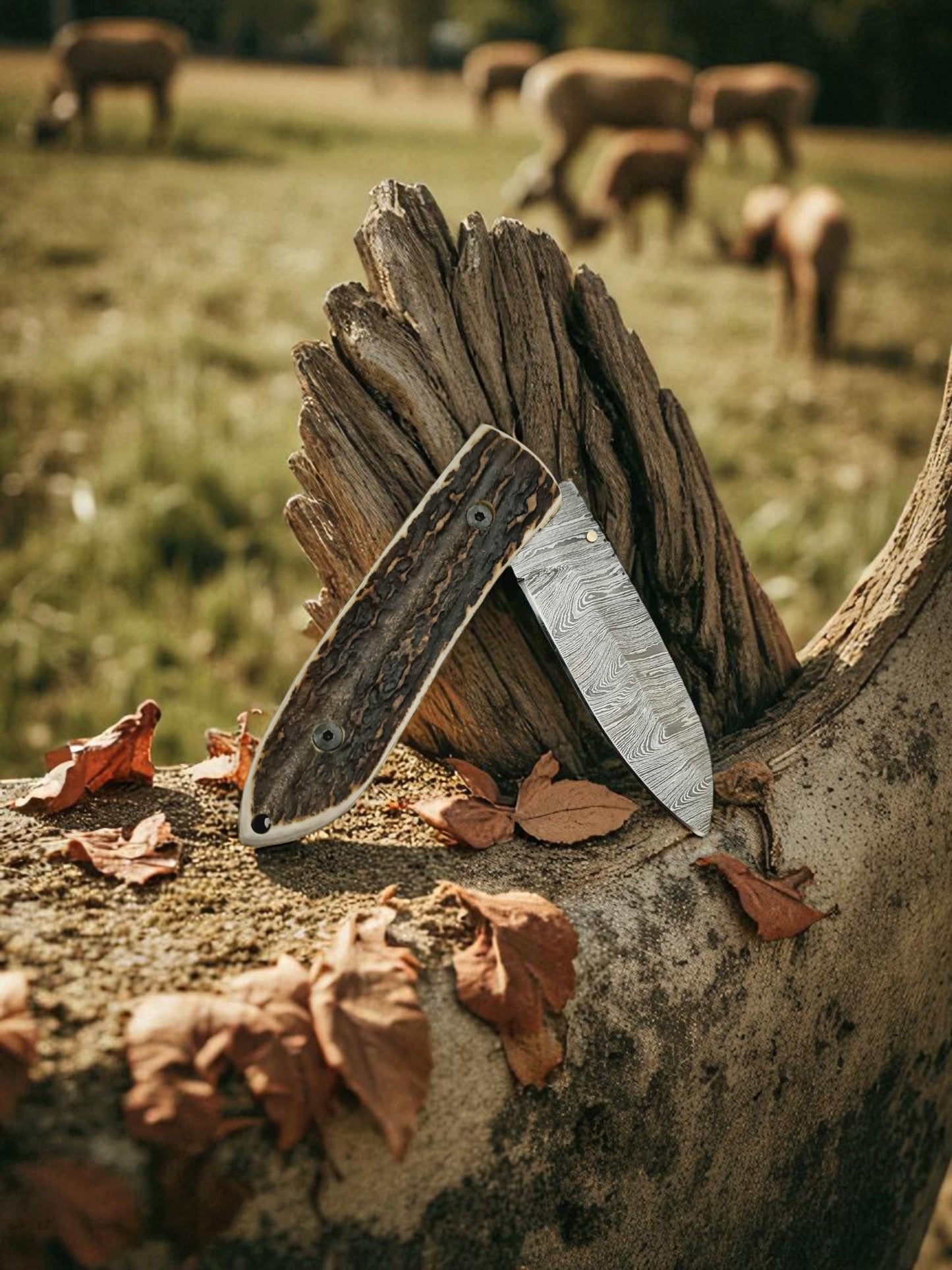 S108 Handmade Stalwart EDC - Damascus Steel & Red Deer Horn