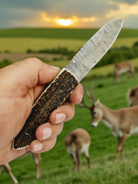 S108 Handmade Stalwart EDC - Damascus Steel & Red Deer Horn