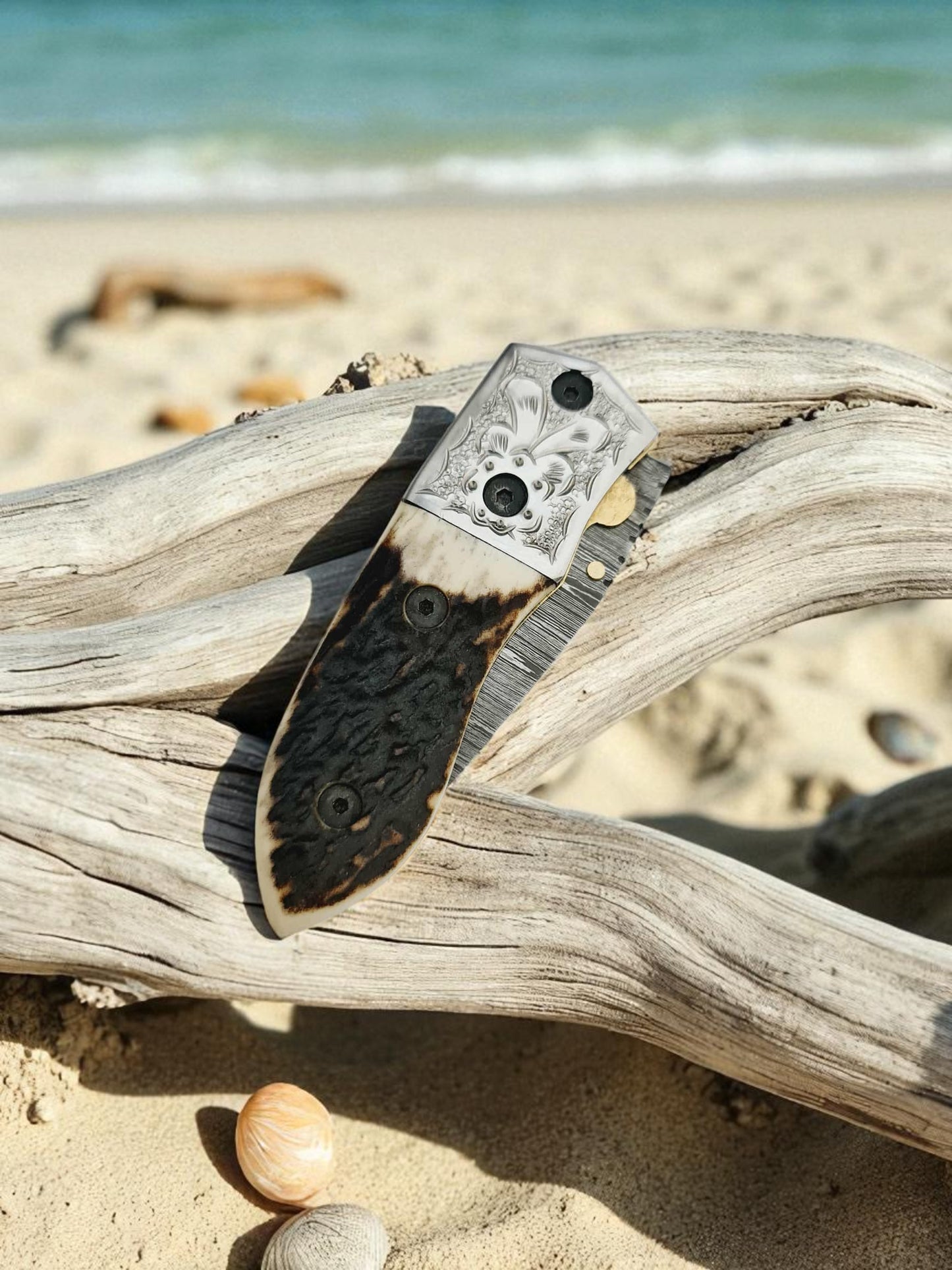 S109 Handmade Stalwart EDC - Damascus Steel & Red Deer Antler