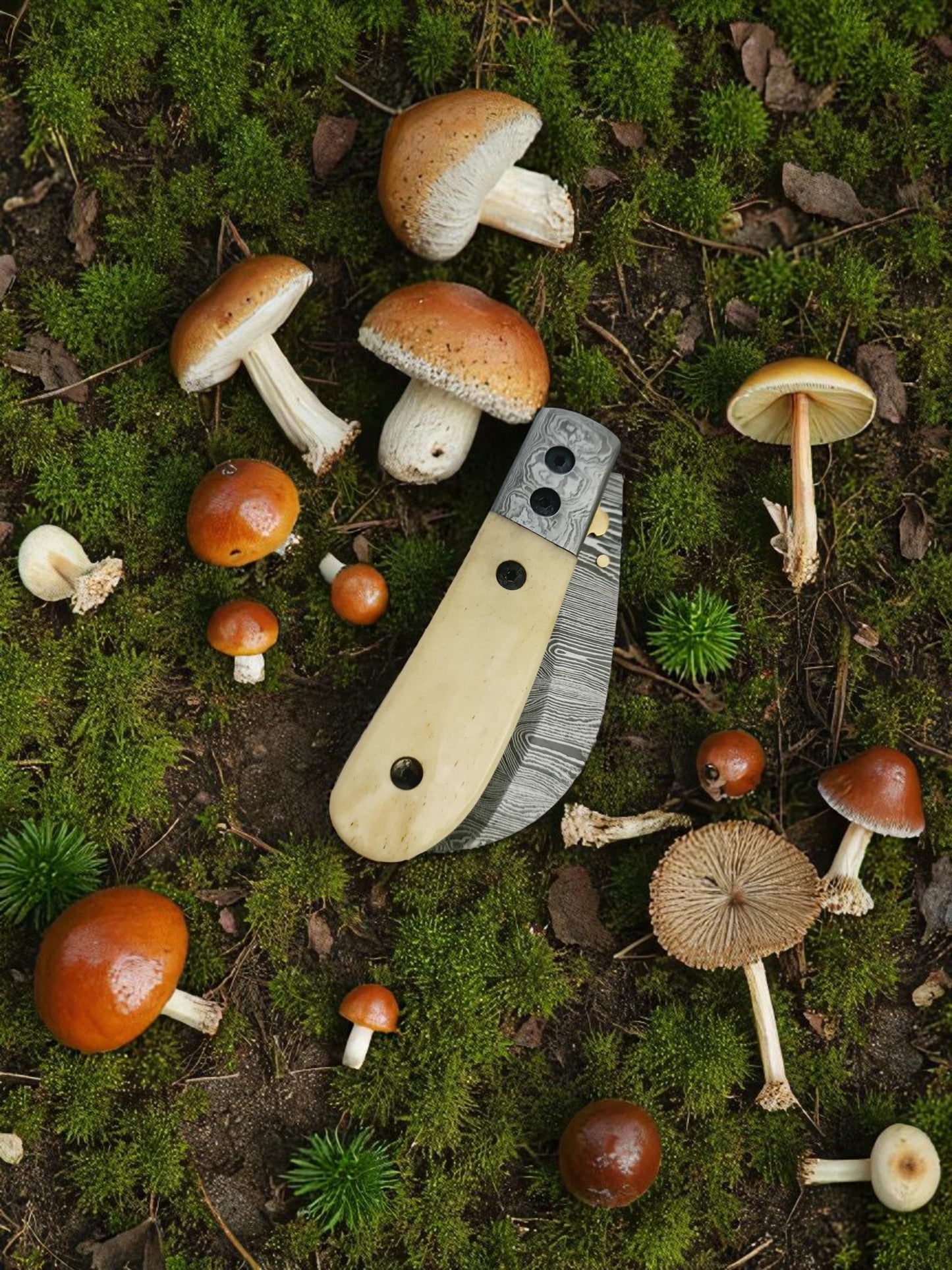 S112 Handmade Hawkbill EDC - Damascus Steel & Camel Bone