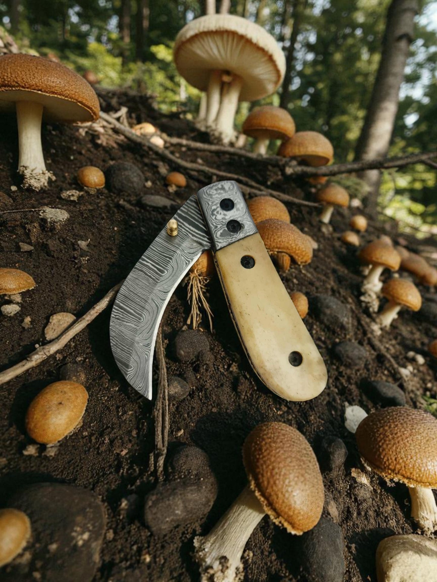 S112 Handmade Hawkbill EDC - Damascus Steel & Camel Bone