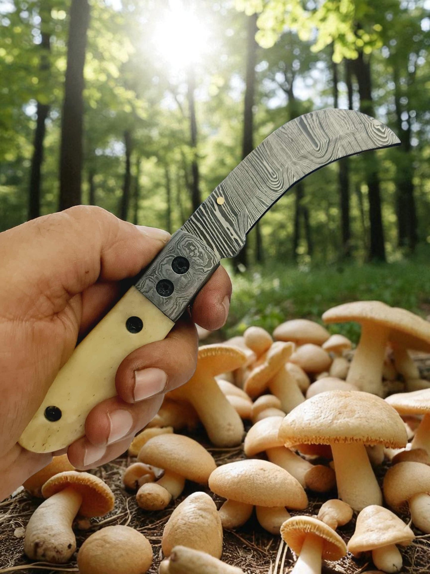 S112 Handmade Hawkbill EDC - Damascus Steel & Camel Bone