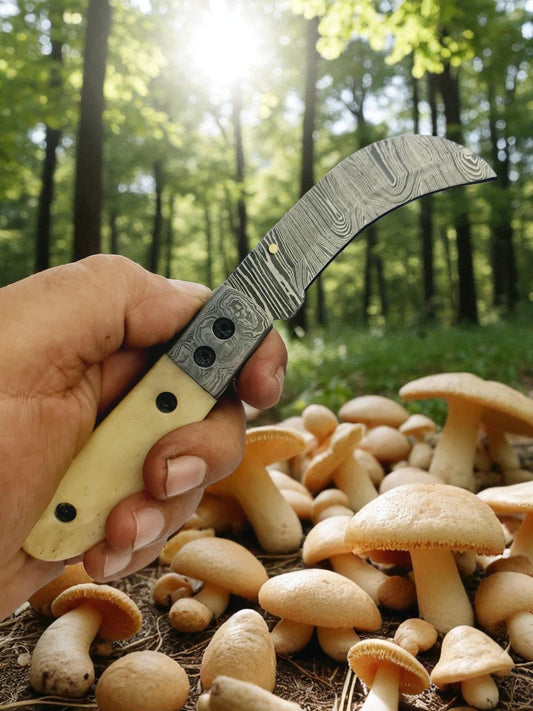 S112 Handmade Hawkbill EDC - Damascus Steel & Camel Bone