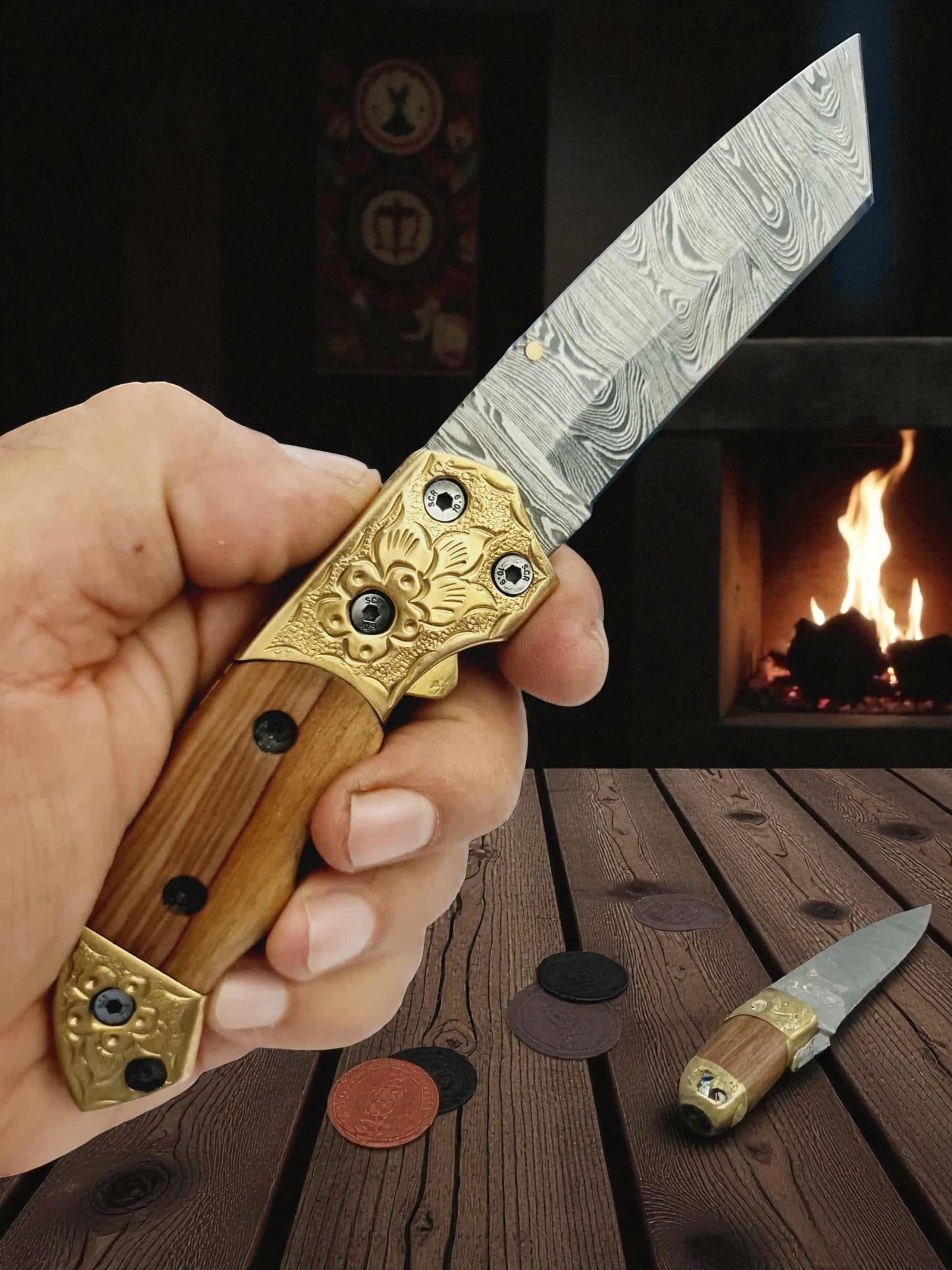 S115 Handmade Tanto - EDC - Damascus Steel & Olive Wood