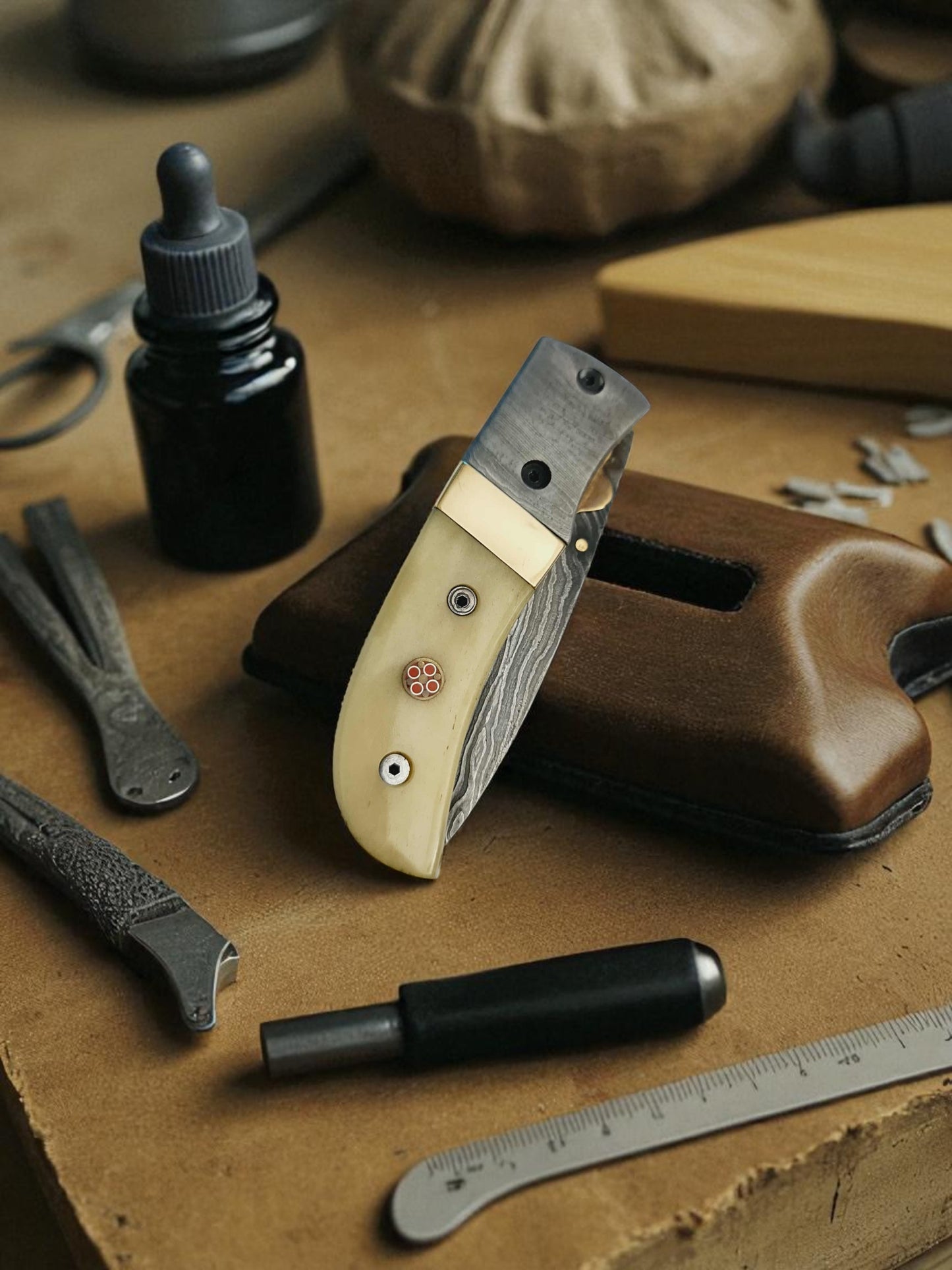 S121 Handmade Stalwart EDC - Damascus Steel & Camel Bone