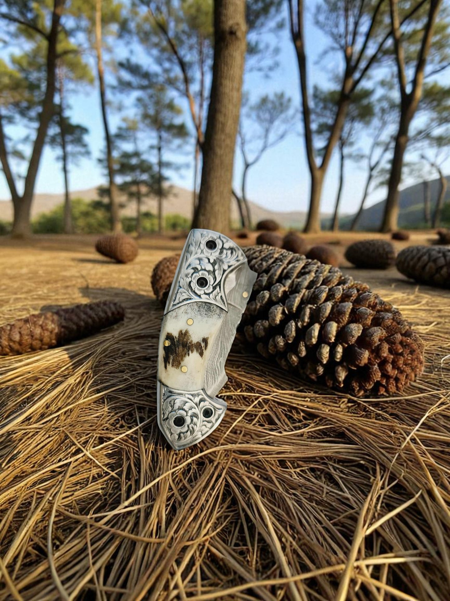 S129 Handmade Exclusive EDC - Damascus Steel & Red Deer Antler