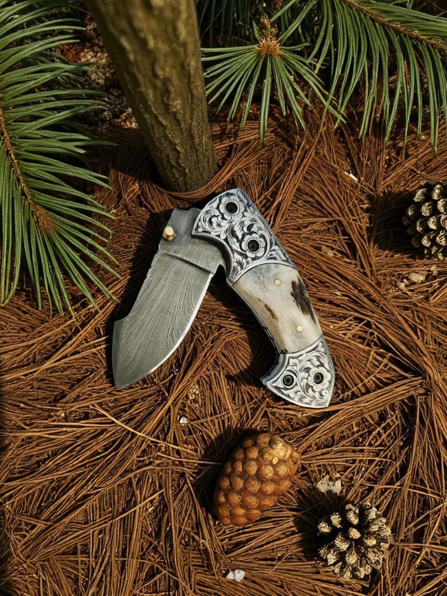 S129 Handmade Exclusive EDC - Damascus Steel & Red Deer Antler