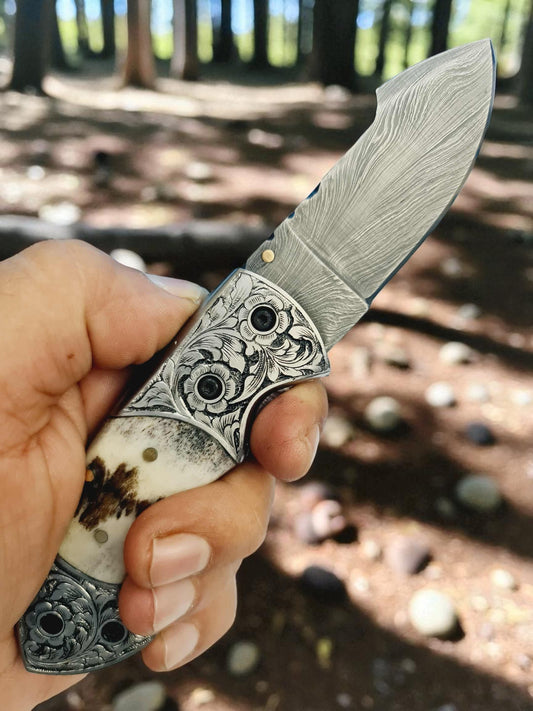 S129 Handmade Exclusive EDC - Damascus Steel & Red Deer Antler