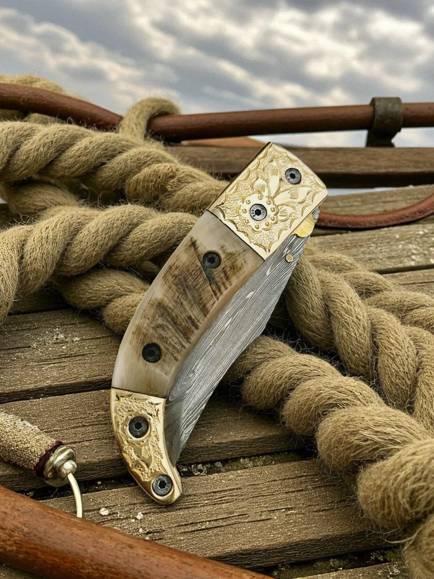 S132 Handmade Stalwart EDC - Damascus Steel & Wild Mouflon Horn