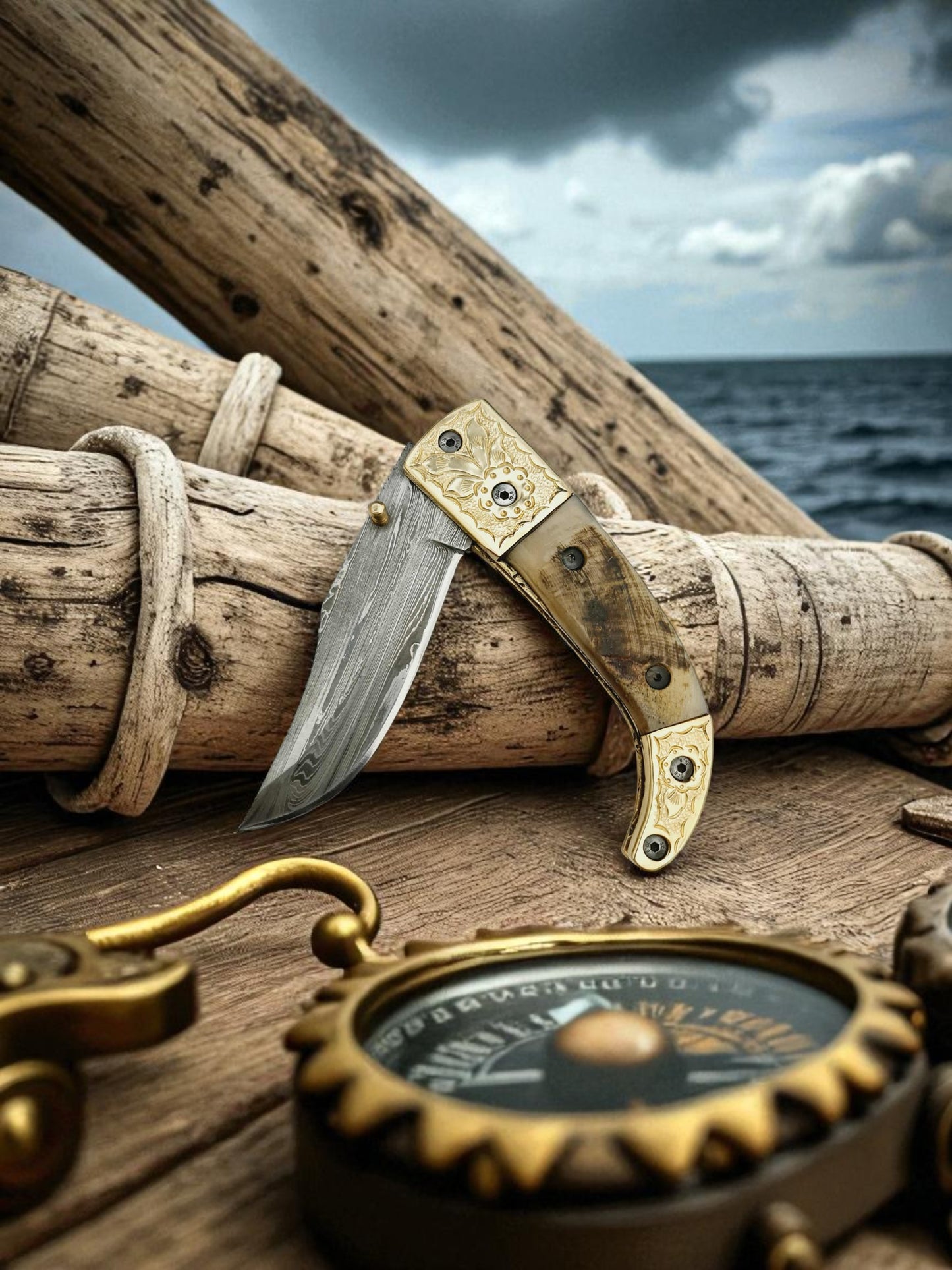 S132 Handmade Stalwart EDC - Damascus Steel & Wild Mouflon Horn