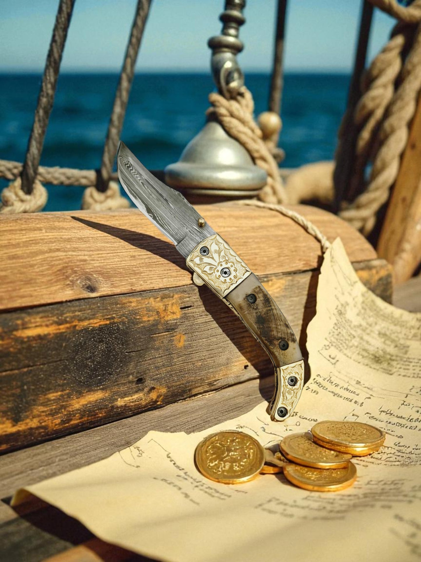 S132 Handmade Stalwart EDC - Damascus Steel & Wild Mouflon Horn