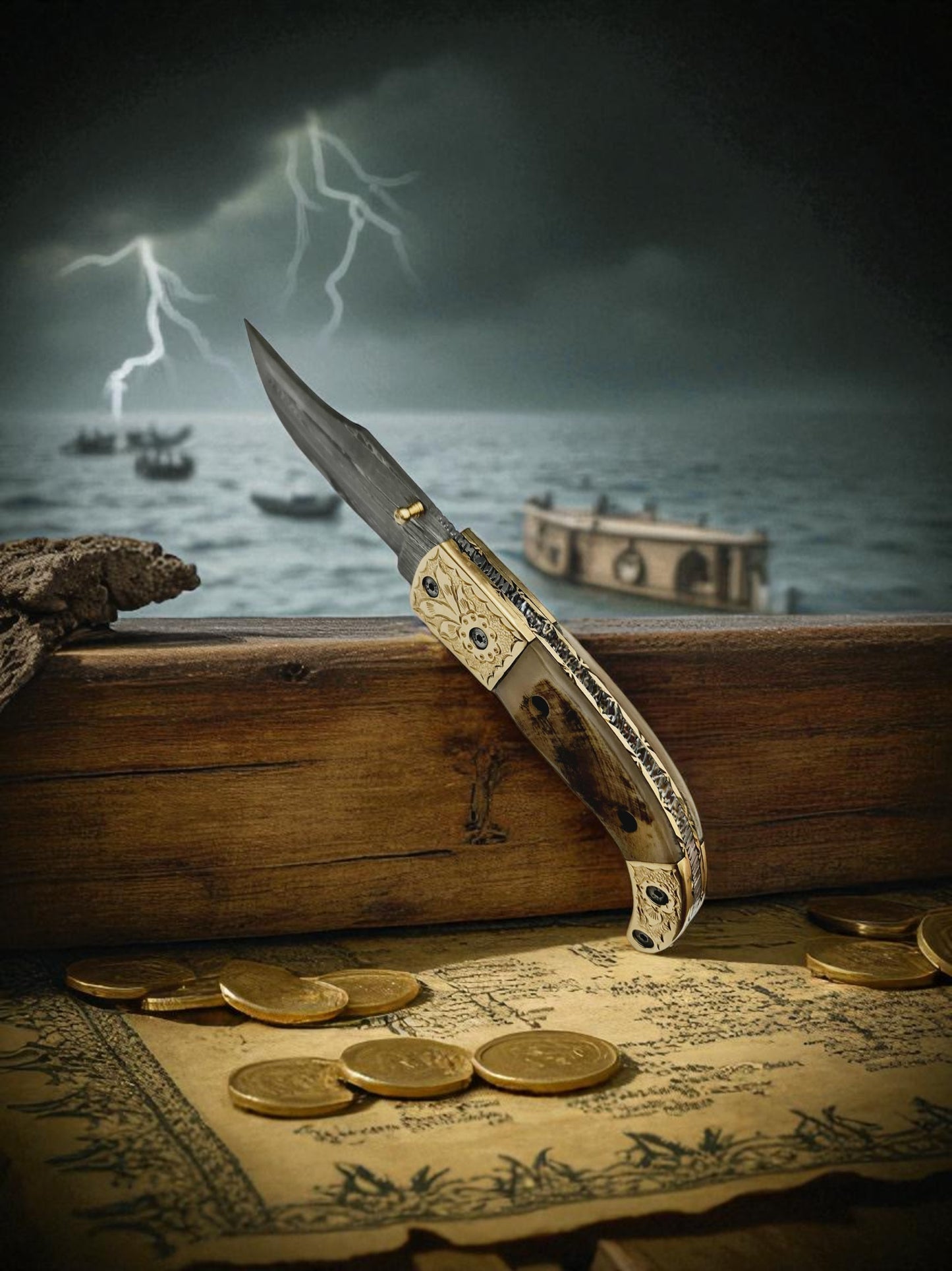 S132 Handmade Stalwart EDC - Damascus Steel & Wild Mouflon Horn