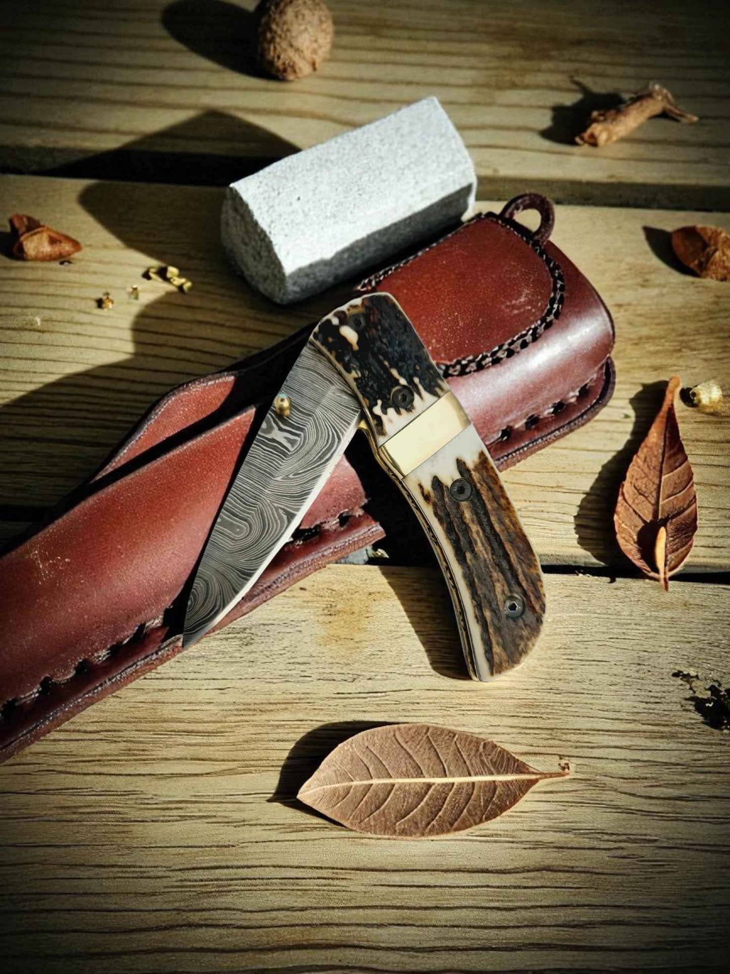 S165 Handmade Stalwart EDC - Damascus Steel & Red Deer Antler