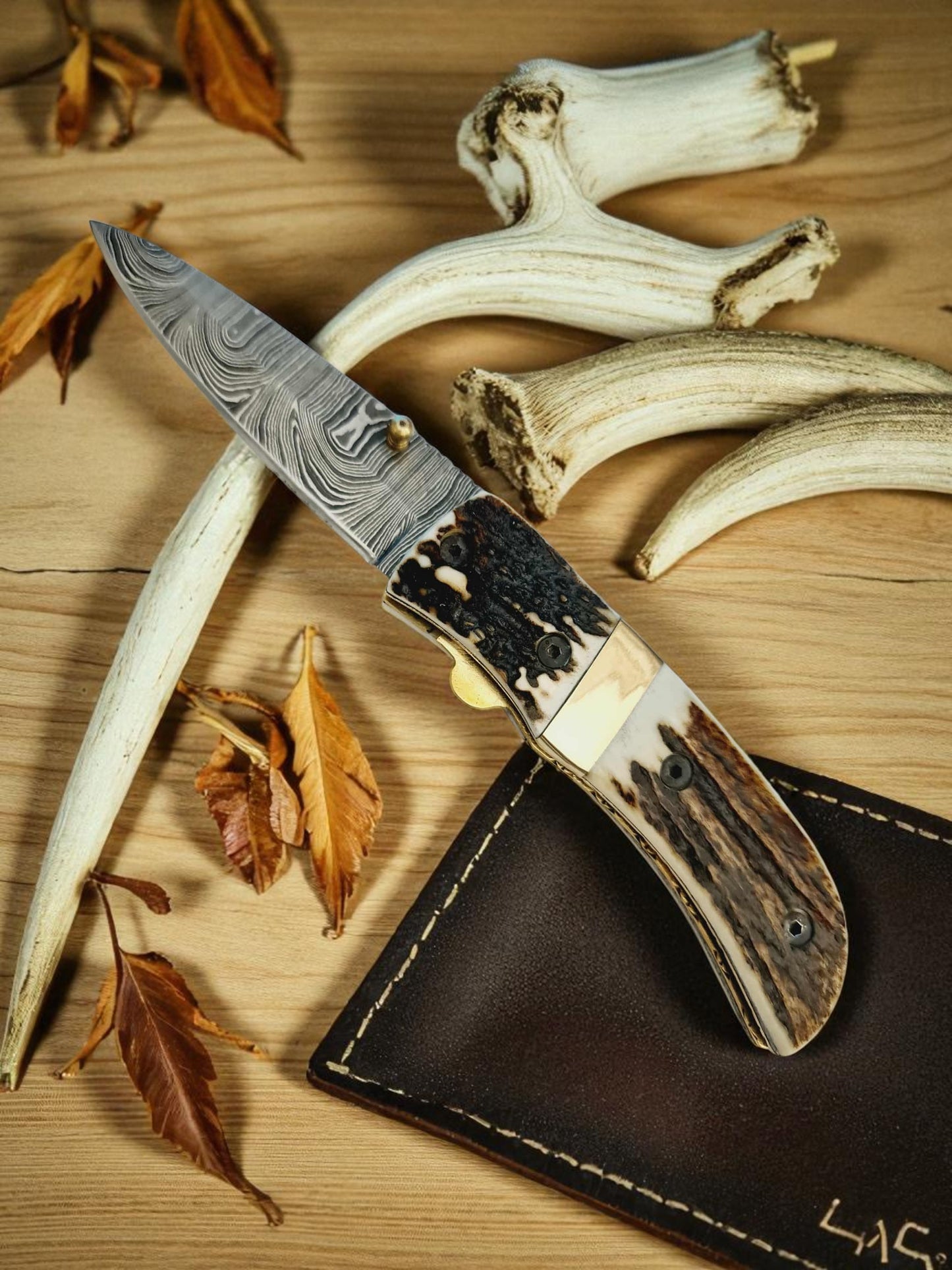 S165 Handmade Stalwart EDC - Damascus Steel & Red Deer Antler
