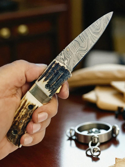 S165 Handmade Stalwart EDC - Damascus Steel & Red Deer Antler