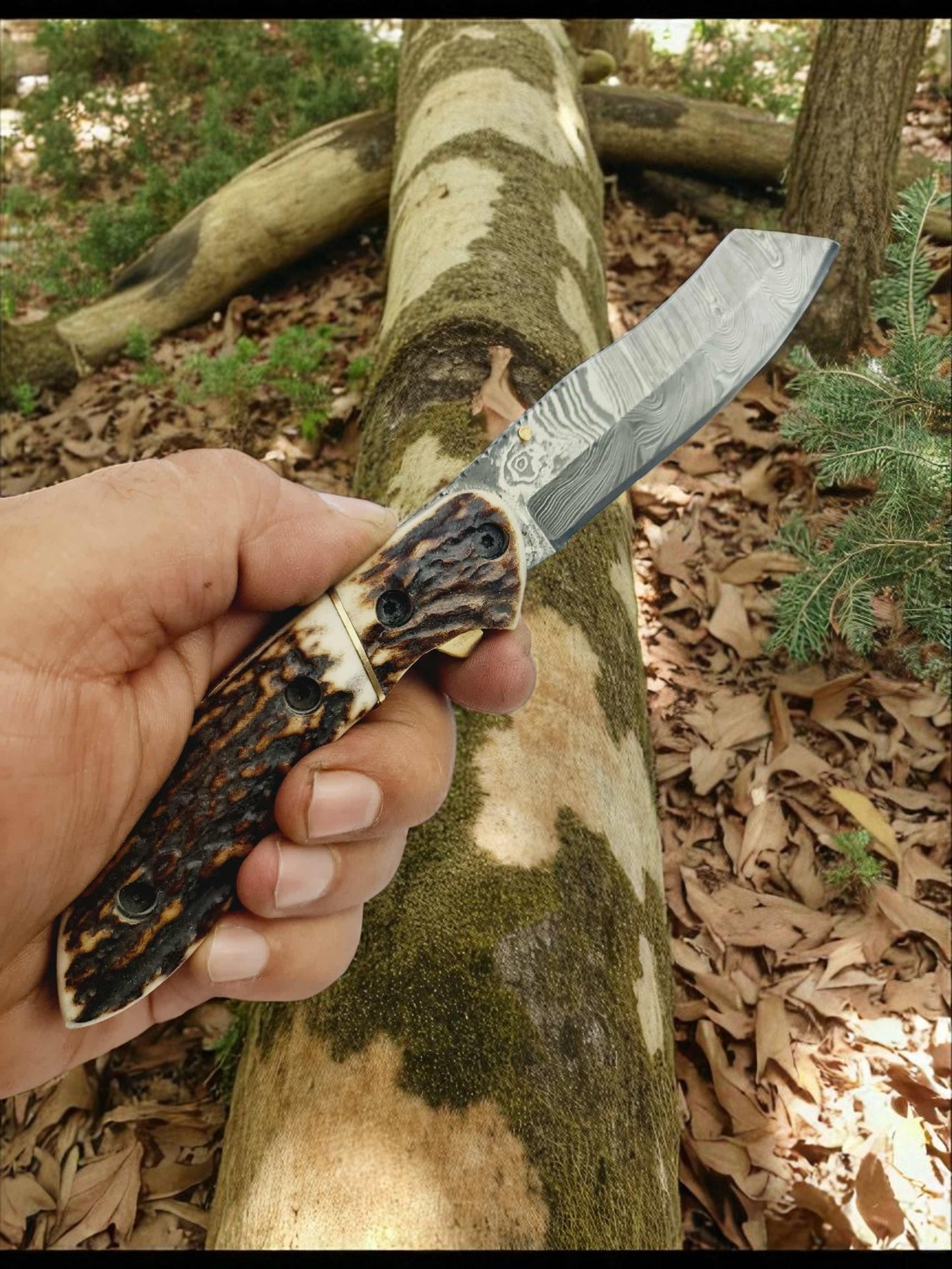 S167 Handmade DAO - EDC - Damascus Steel & Red Deer Antler