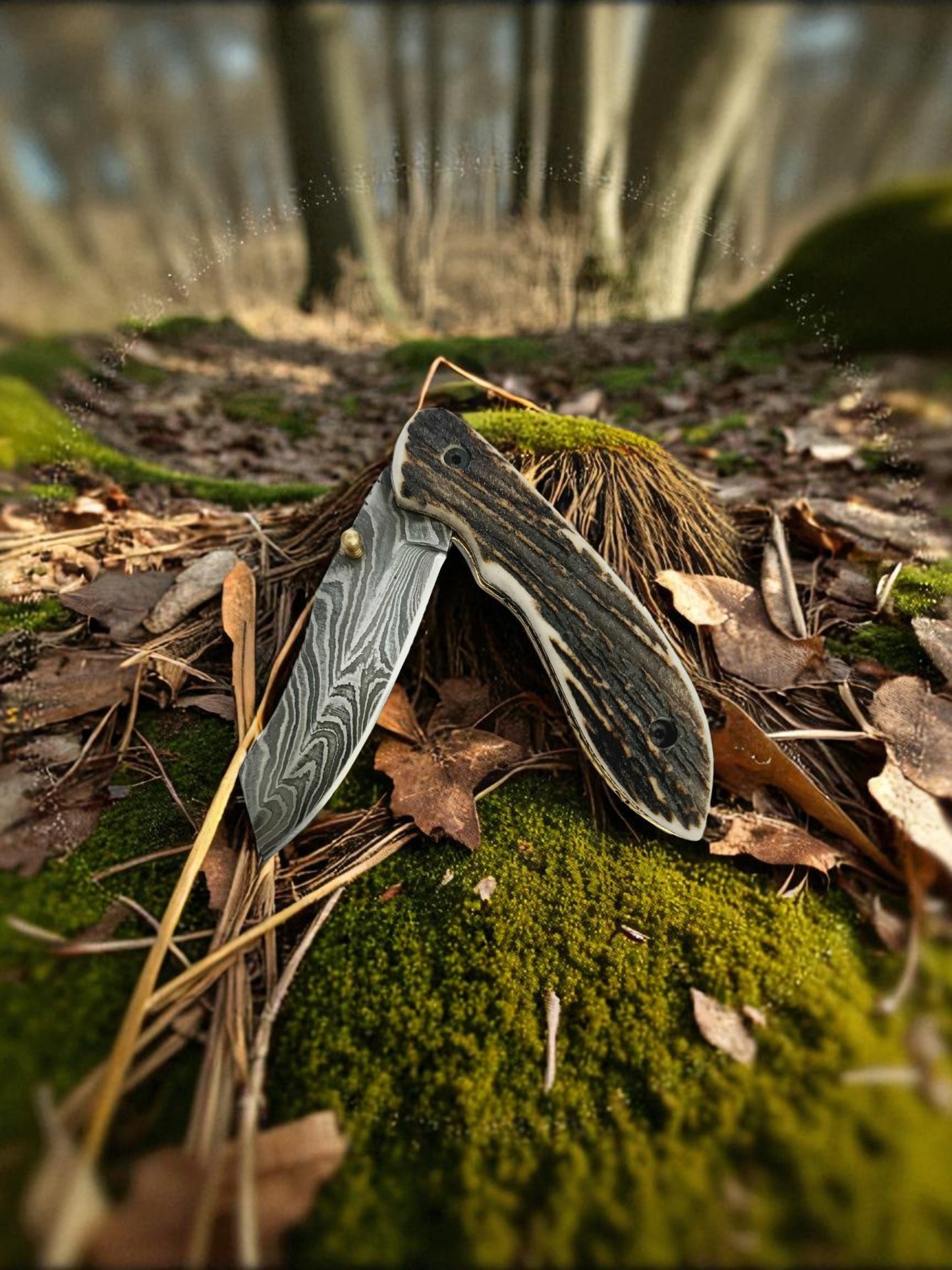 S168 Handmade DAO - EDC - Damascus Steel & Red Deer Antler