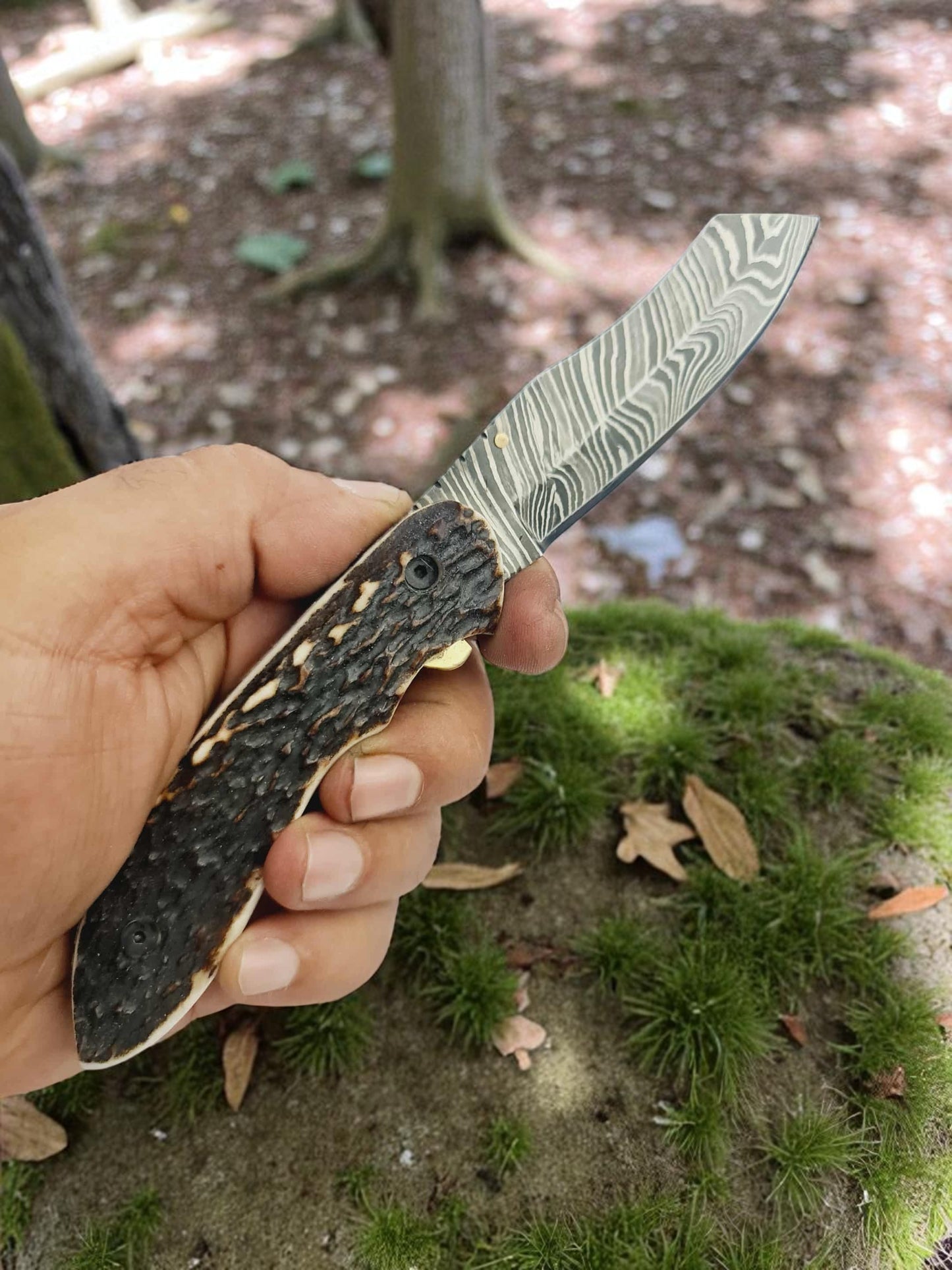 S168 Handmade DAO - EDC - Damascus Steel & Red Deer Antler