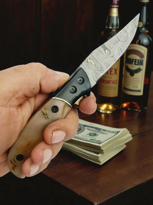 S170 Handmade Stalwart EDC - Damascus Steel & Polished Ram Horn