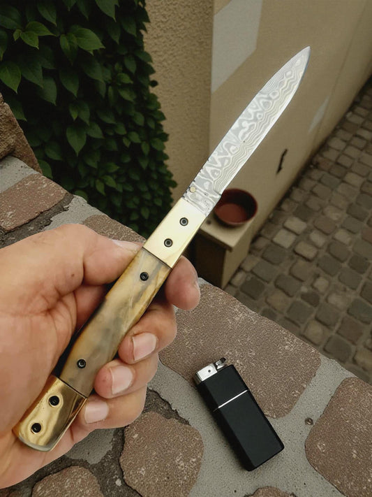 S173 Handmade Stiletto - New-Gen Damascus Steel (Rust Free) & Polished Ram Horn