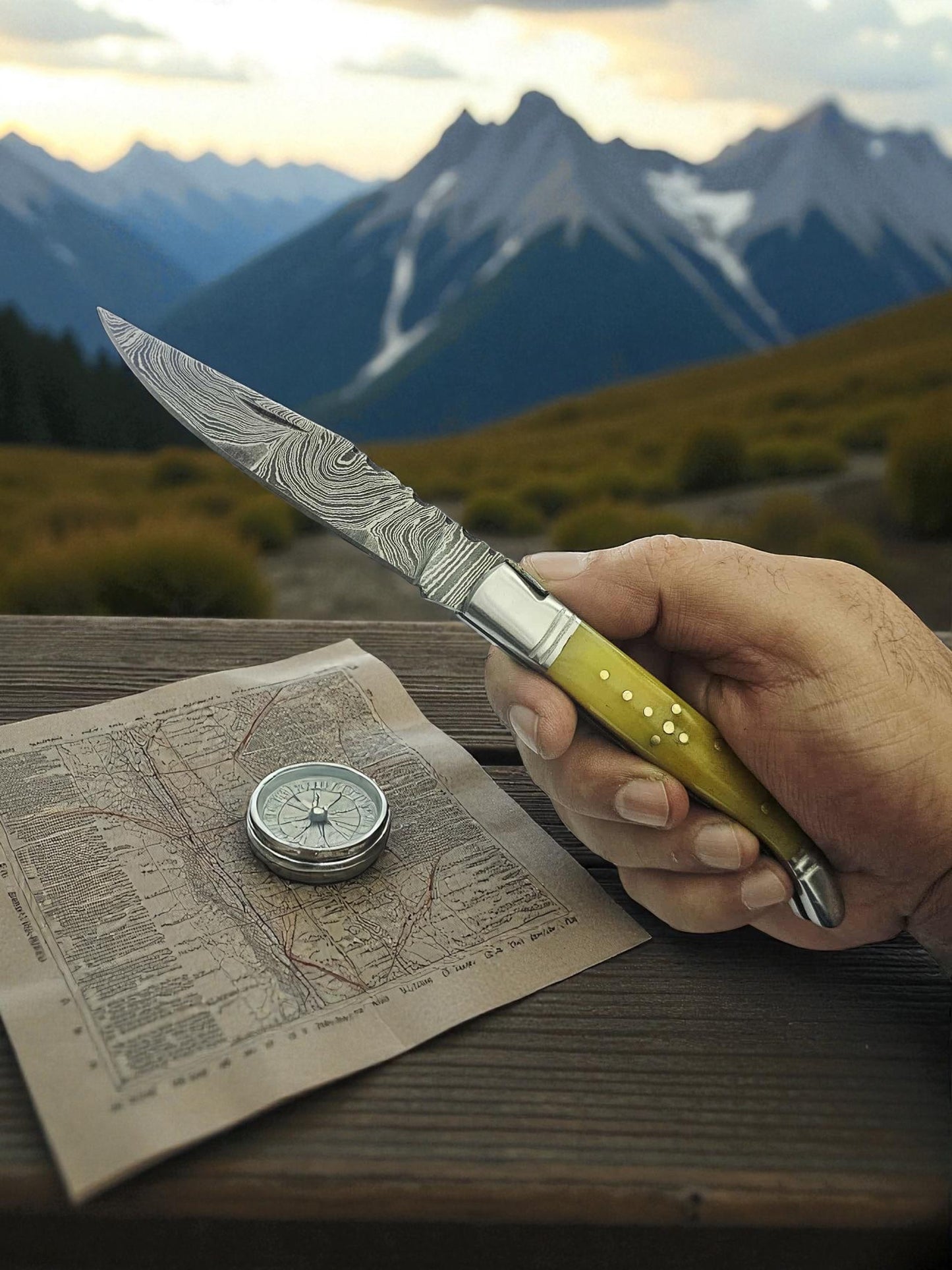 A147 Handmade Laguiole Rustique - Damascus Steel & Resin-Infused Camel Bone