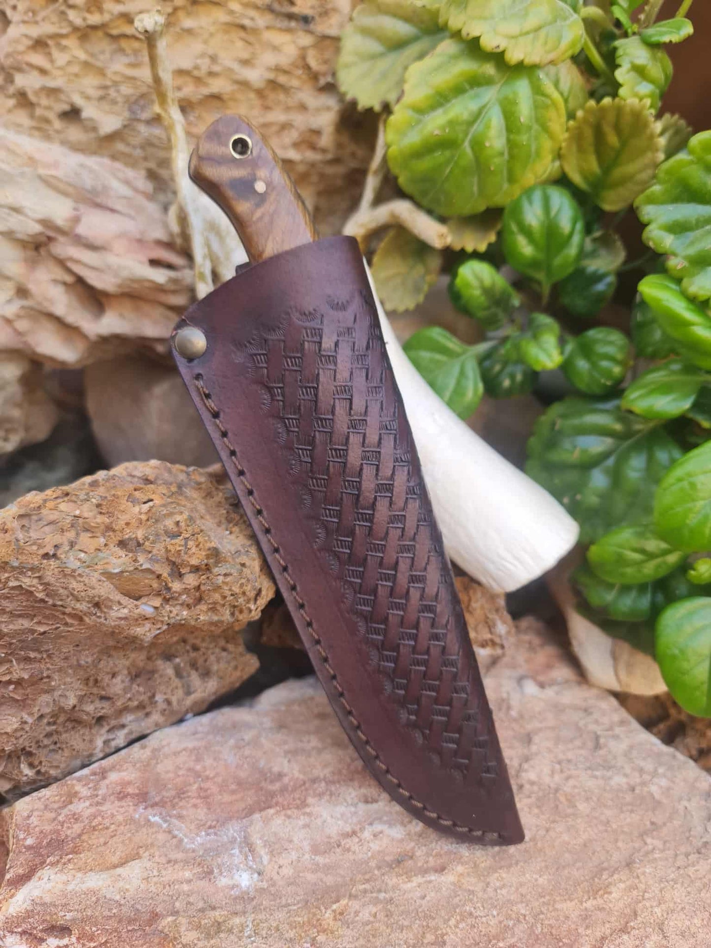 Handmade 24cm Hunting Knife with Raindrop Damascus Steel - Walnut wood & D2 Stainless Steel