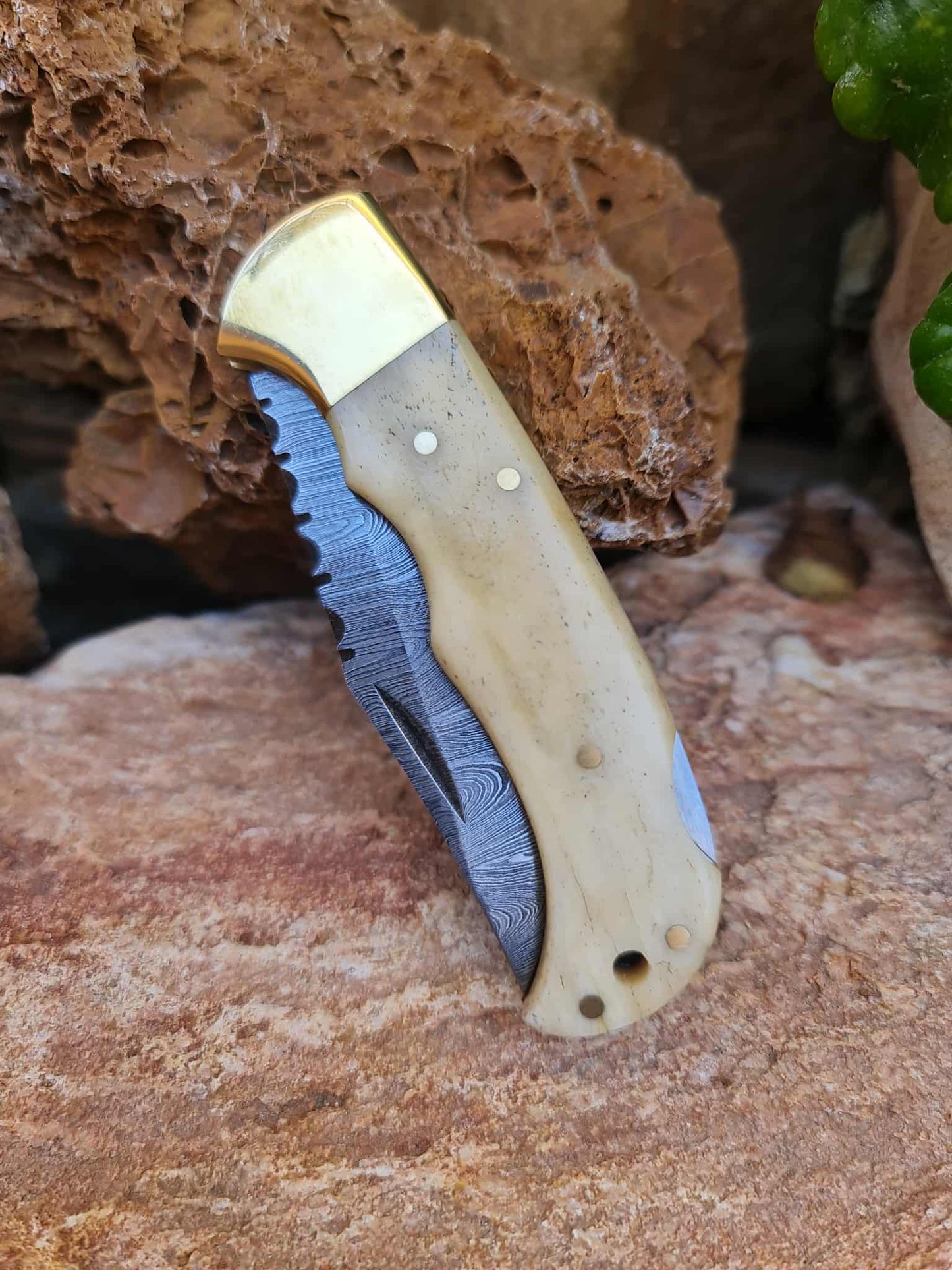 Handmade 17cm Pocket Knife with Damascus Steel - Camel Bone & Brass