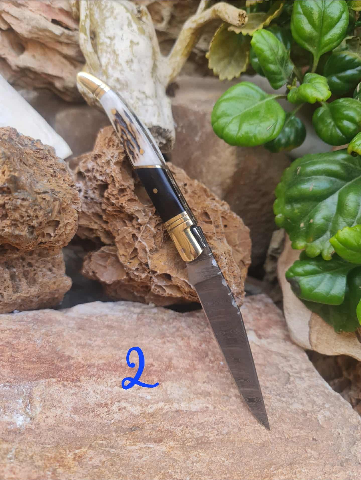 Handmade 22cm Laguiole Classique with Damascus Steel - Red Deer antler - Buffalo Horn & Brass