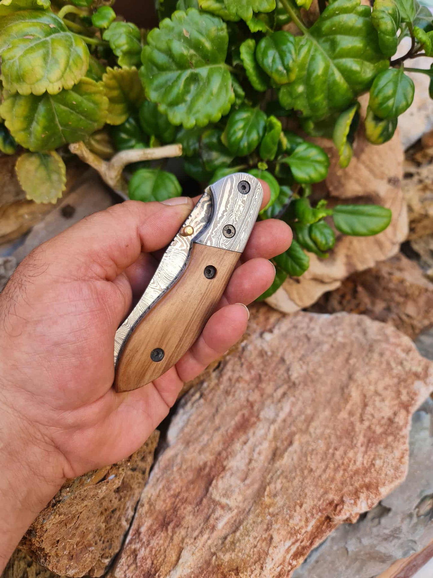 Handmade Dao – 20cm Folding Knife with Damascus Steel & Olive Wood