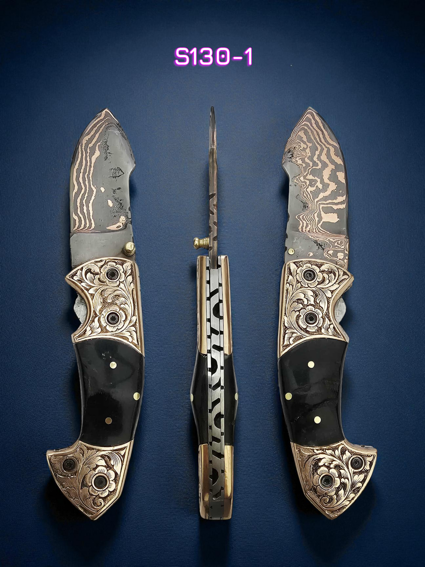 S130 Handmade Exclusive EDC - Copper Damascus & Wild Mouflon Horn