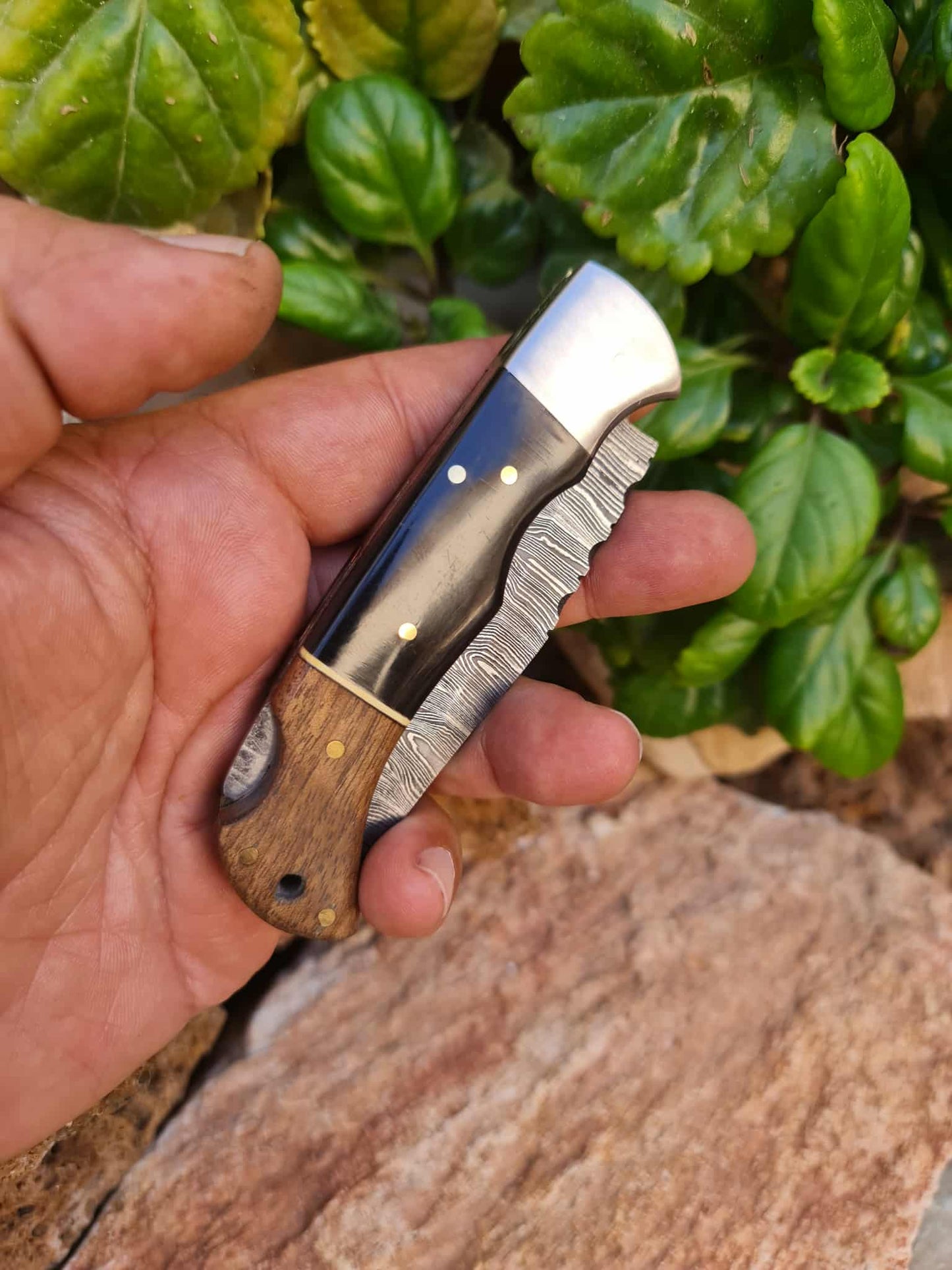 Handmade 19cm Pocket Knife with Damascus Steel - Buffalo Horn - Walnut Wood & D2 Stainless Steel