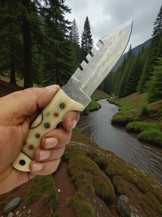 H114 Handmade Hunting Knife - Raindrop Damascus Steel & Camel Bone